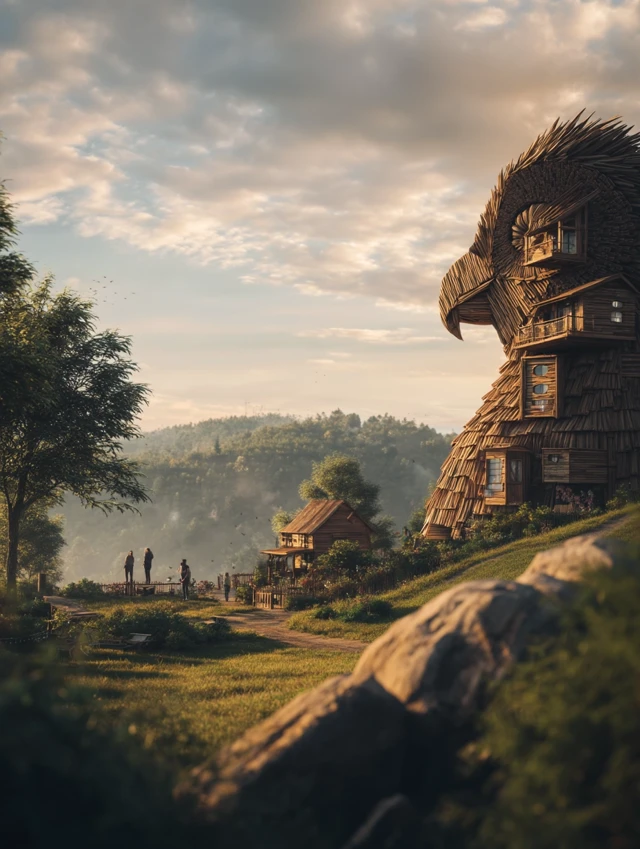 Fantastical Landscape Bird House Serene Scene