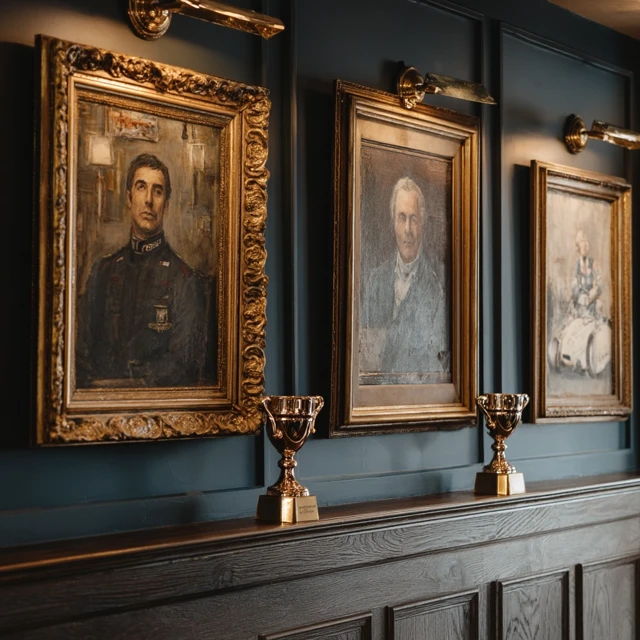 Elegant Portraits on a Wall with Trophies Below