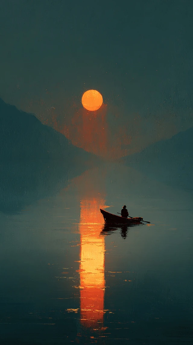 Lone Boater Under the Orange Moon Surreal Lake Scene