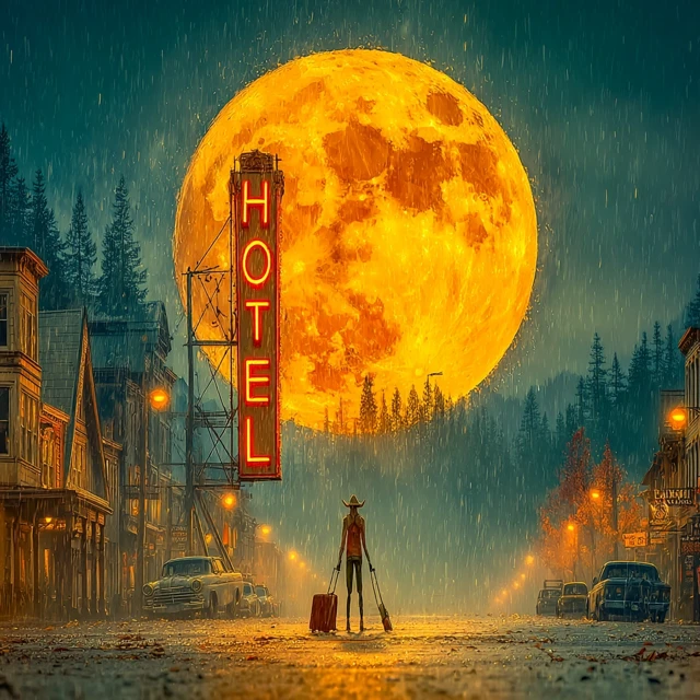 Vintage Hotel Under Full Moon Dreamlike Scene