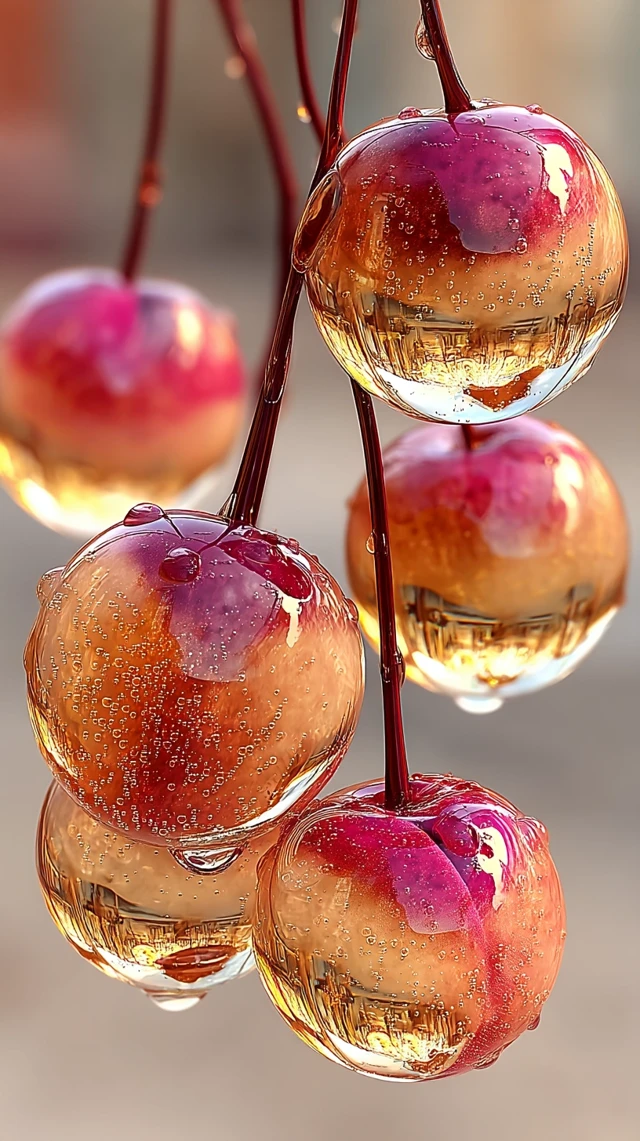 Glass Peaches: Photorealistic Macro Shot with Dewdrops