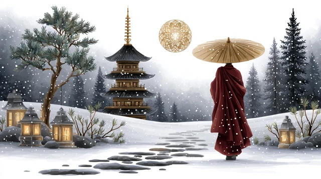 Japanese Winter Temple Garden Monk Sumi e Art