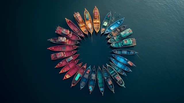 Fishing Boats Circle at Sea - Colorful Aerial Photography