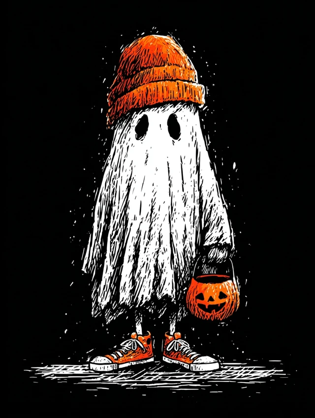 Cute Ghost in Beanie Halloween Illustration