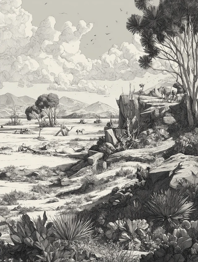 Western Desert Landscape Pencil Sketch Illustration