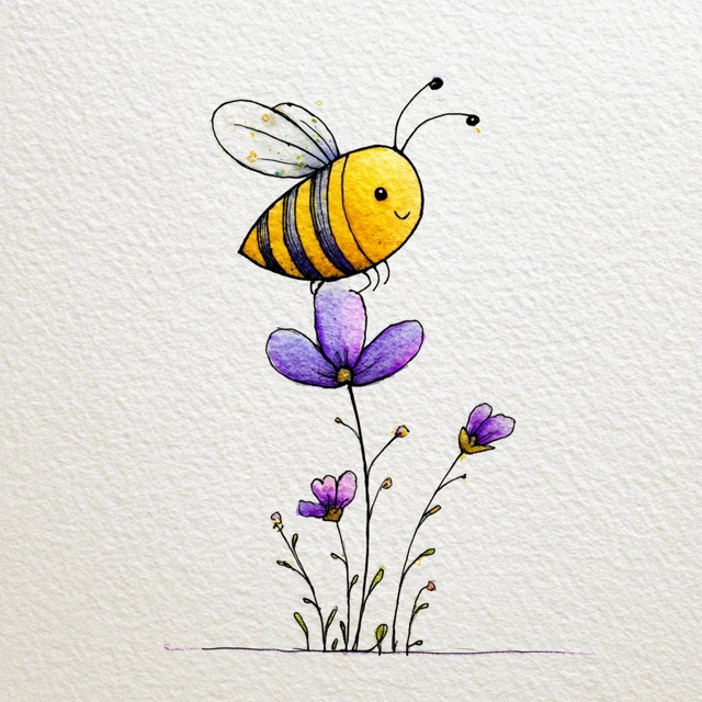 Cute Bee on Flower Childish Watercolour Illustration