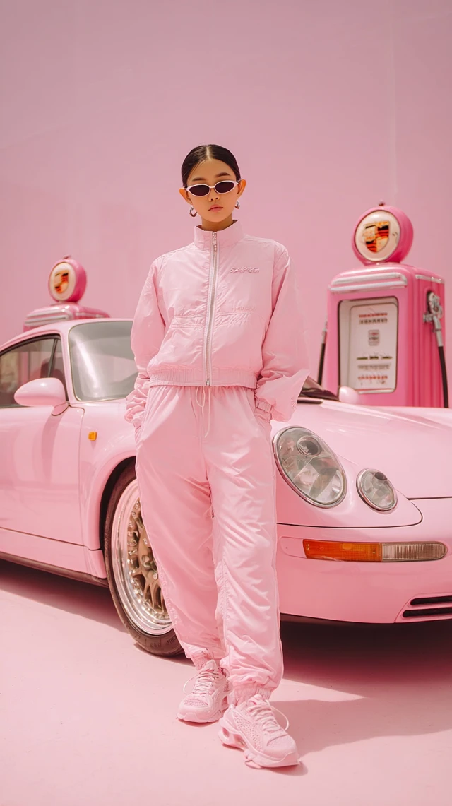 Asian Pop Star in Pink Racing Suit Editorial Photo