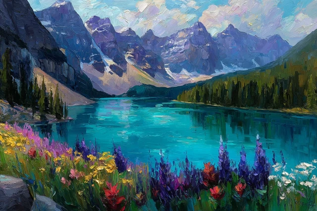 Moraine Lake Painting in Raoul Dufy Style