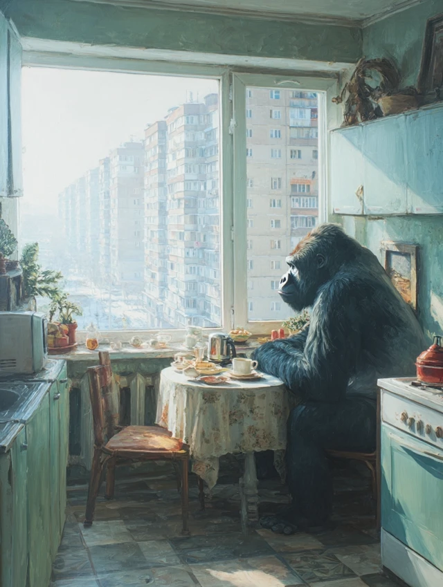 Gorilla in Soviet Kitchen: Hyperrealistic Scene