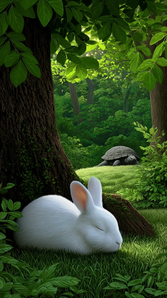 White Rabbit Sleeping Under Tree in Forest