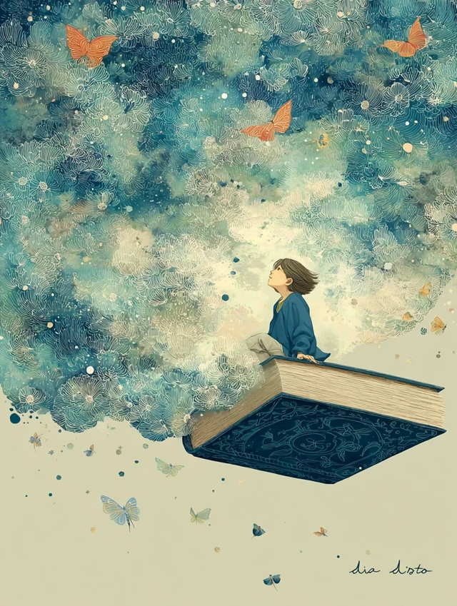 Girl on Flying Book Dreamy Illustration Art