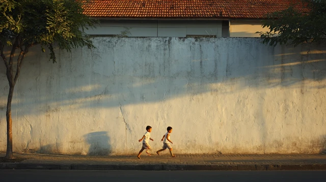 Brazilian Street Scene Children Running Golden Hour