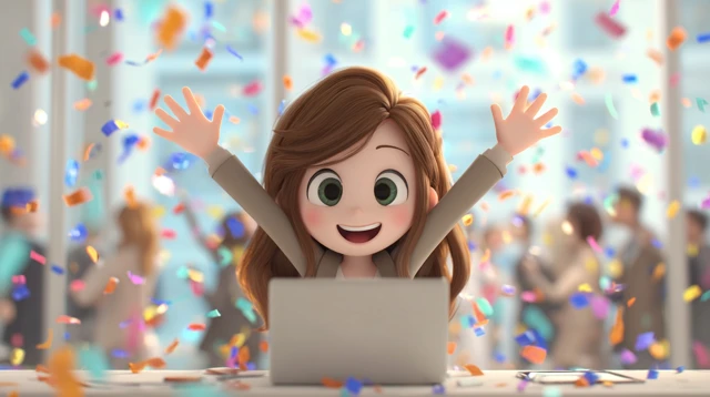 Success Celebration Animated Woman with Laptop