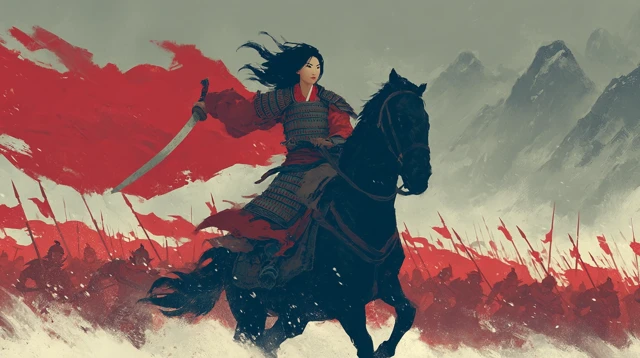 Mulan on Horseback Chinese Ink Wash Painting