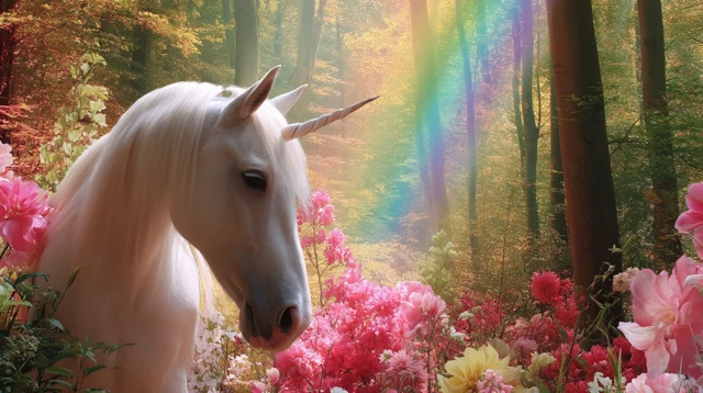 Magical Unicorn in a Rainbow Forest