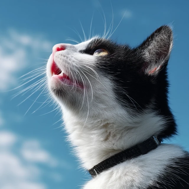 Happy Tuxedo Cat Looking Up at Blue Sky Profile View