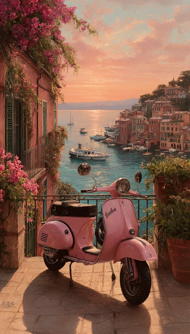 Italian Vespa Balcony Scene Sunset View Painting