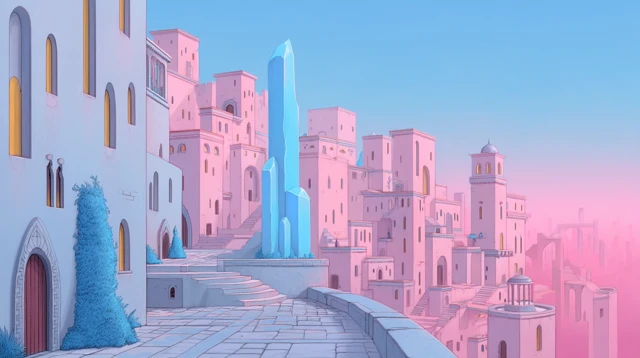 Anime Cityscape with Cyan Crystal and Surreal Atmosphere