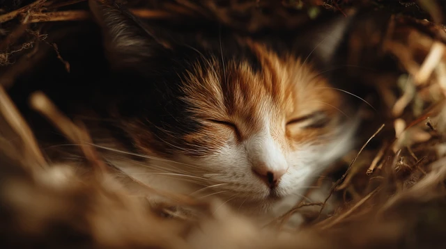 Sleeping Tricolor Cat in Nest Real Photography
