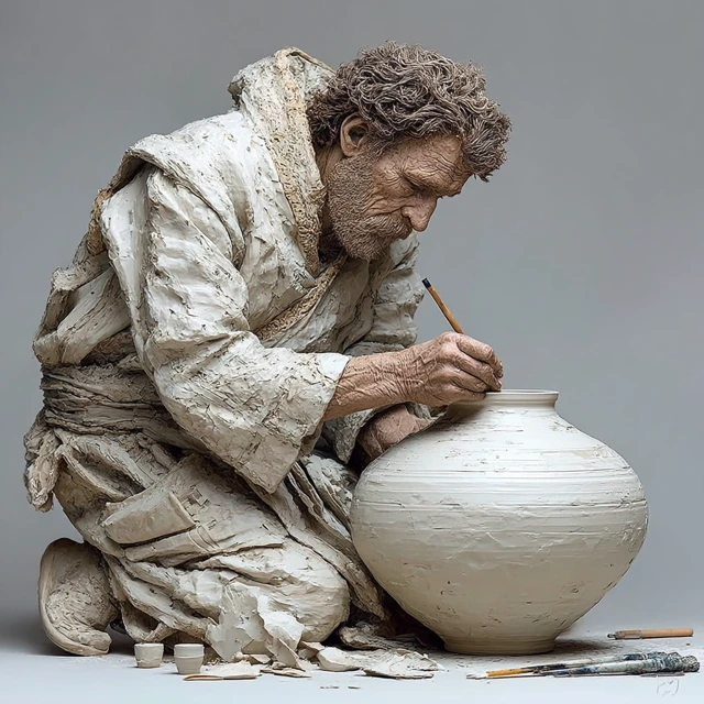 Monochromatic White Sculpture of a Potter