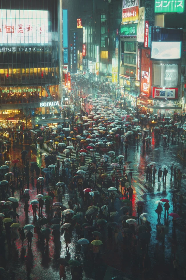 Shibuya Crossing at Night Rain and Neon Lights