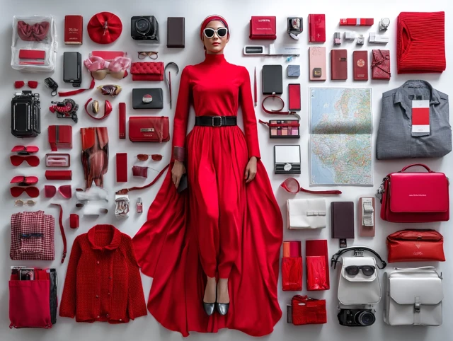 Red Fashion Poster Design: Woman and Accessories