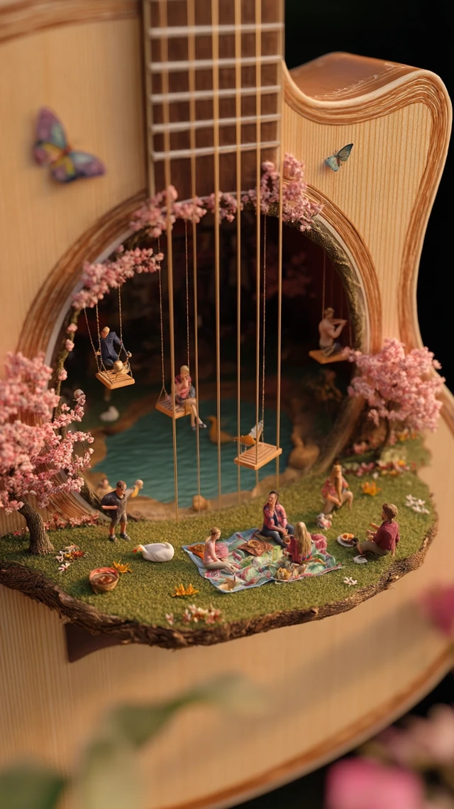 Spring Garden Inside Guitar: Miniature Picnic Scene