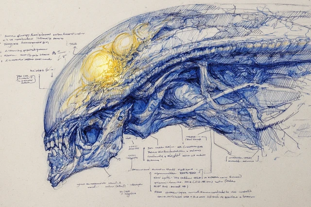 Alien Anatomical Study: Hand-drawn Ballpoint Pen
