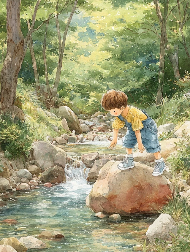 Boy Exploring Forest Stream Watercolor Art