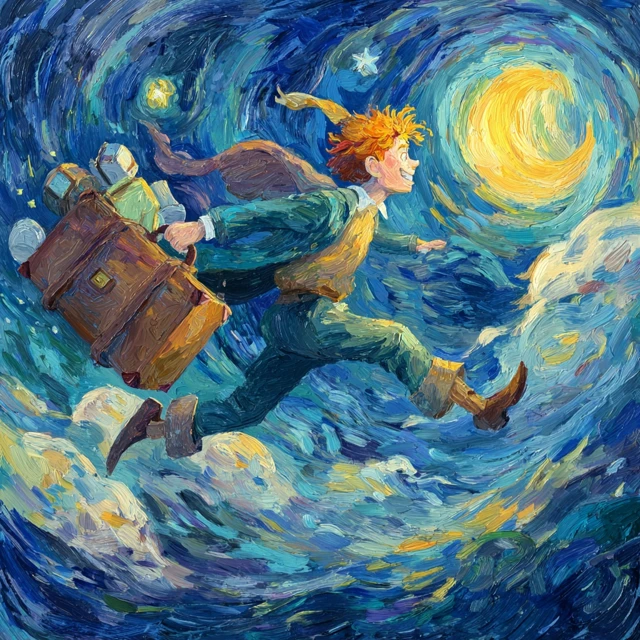 Peter Pan in Van Gogh Style Flying with Burdens