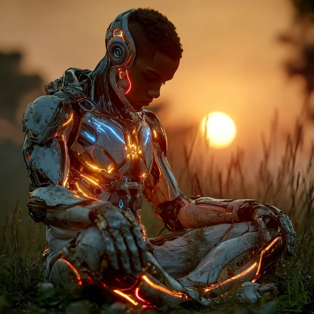 Futuristic Warrior Meditating at Sunrise