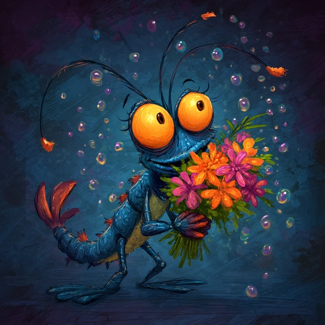 Crazy Shrimp with Flowers Cartoon Character