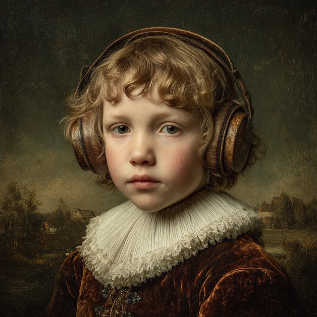 Child Portrait Dutch Painting with Headphones