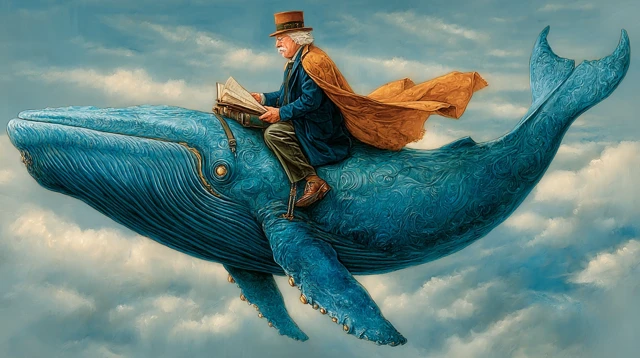 Whimsical Fantasy Man Riding Whale in the Sky