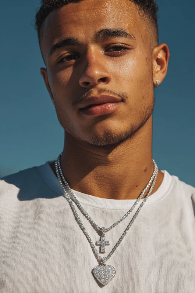 Man Wearing Diamond Chain Pendants Closeup Photo