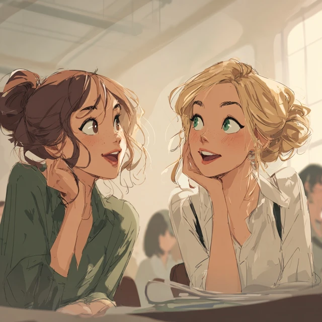 Two Girls Chatting in Classroom Illustration