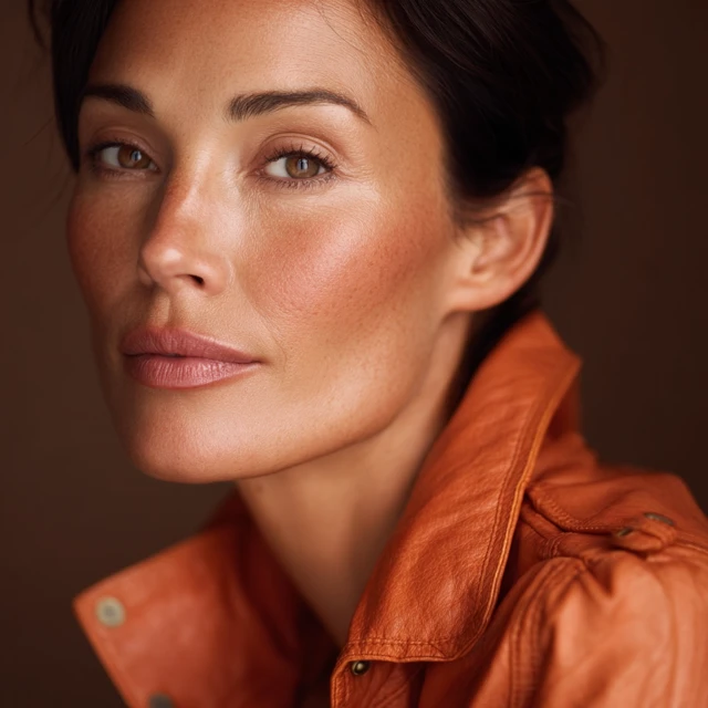 Model with Natural Skin and Orange Leather Jacket