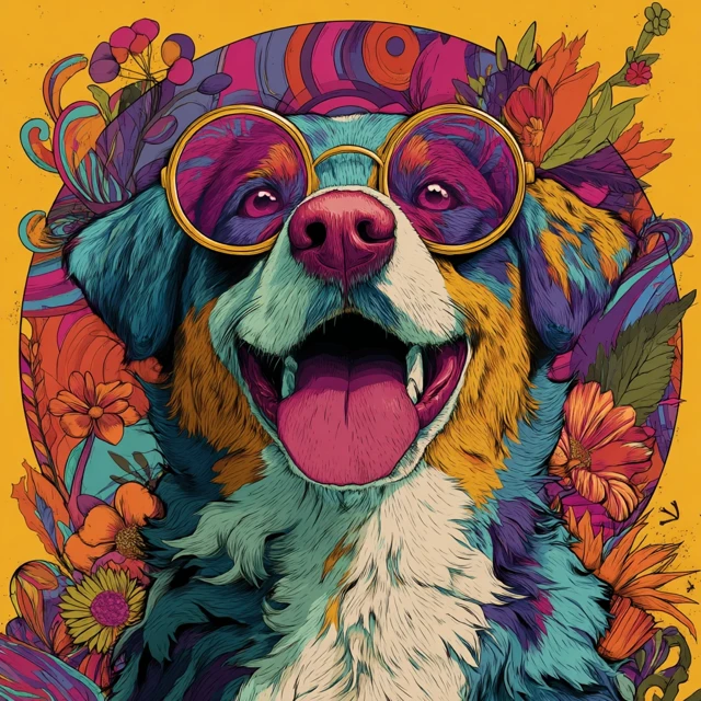 Happy Trippy Hippy Puppy Colorful Art