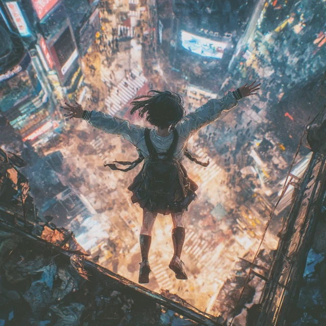 Cyberpunk Girl Floating Above Shibuya