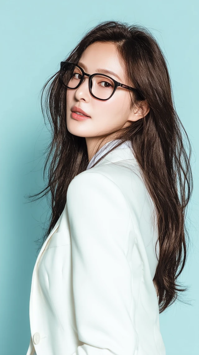 Beautiful Korean Woman in Glasses and White Suit