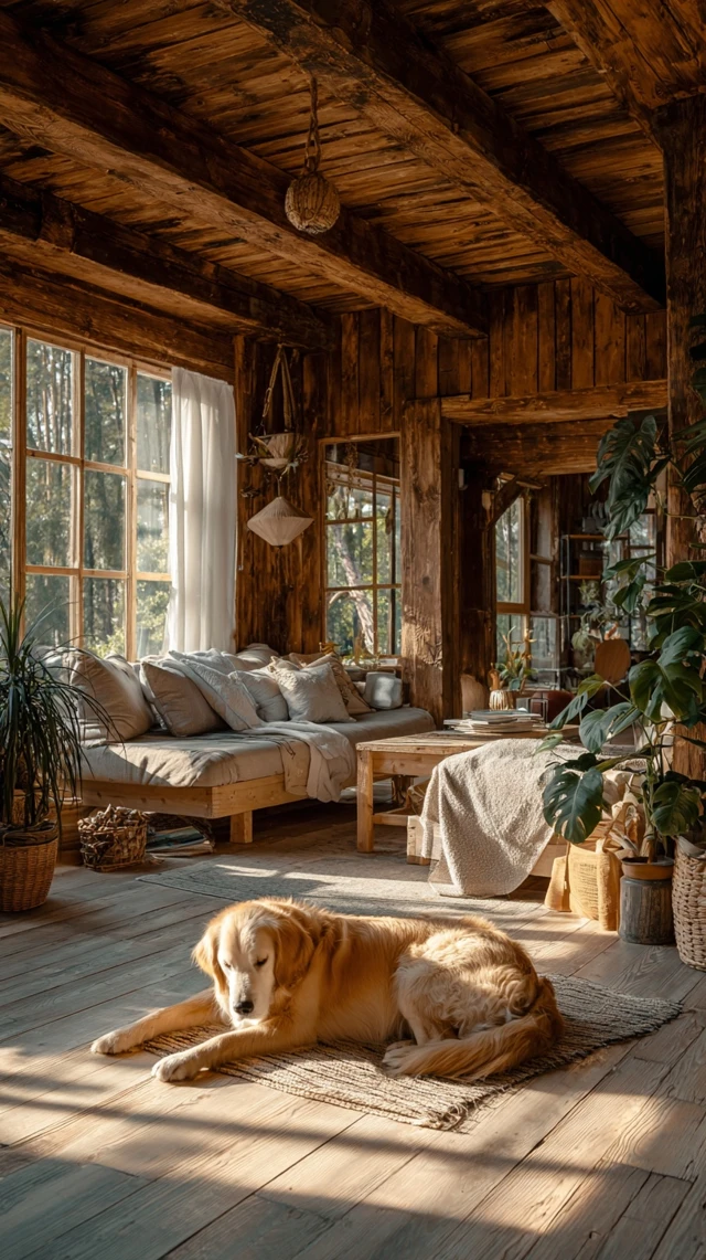 Cozy Wooden Living Room with Golden Retriever