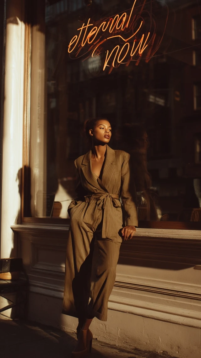 African Model in Calvin Klein Pantsuit at Cafe