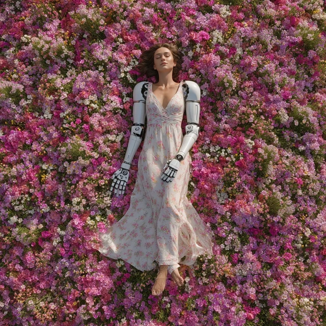 Robot Woman in Flower Field Surreal Dream