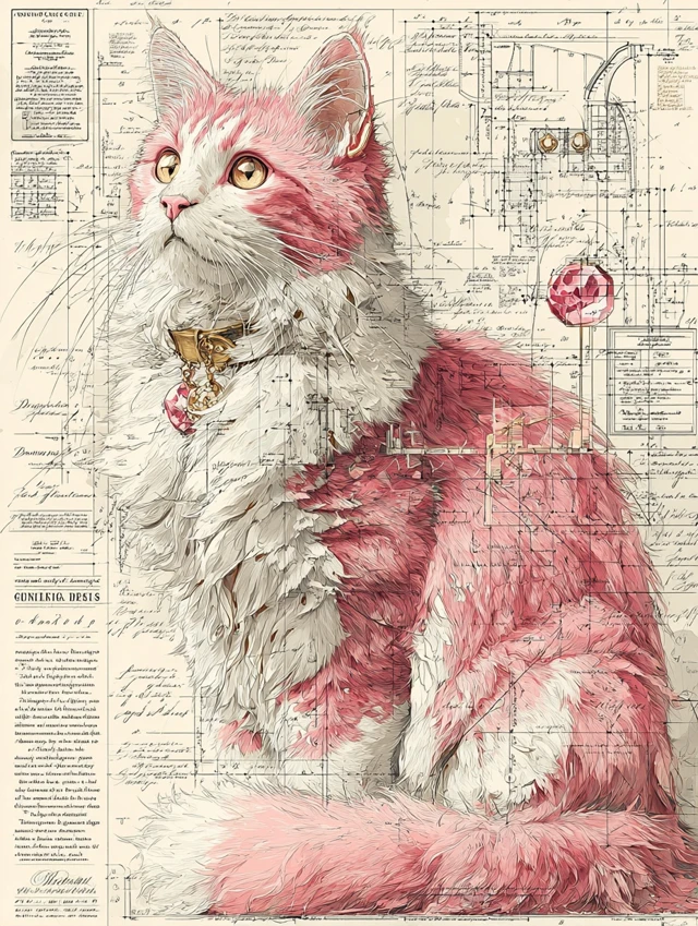 Pink Cat Anatomical Illustration Da Vinci Style