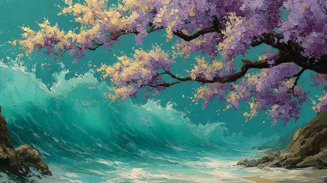 Ocean Wave Painting Blooming Spring Tree