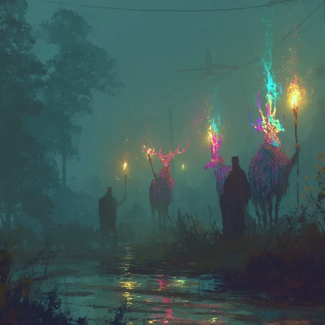Neon Forest Creatures Foggy Wilderness