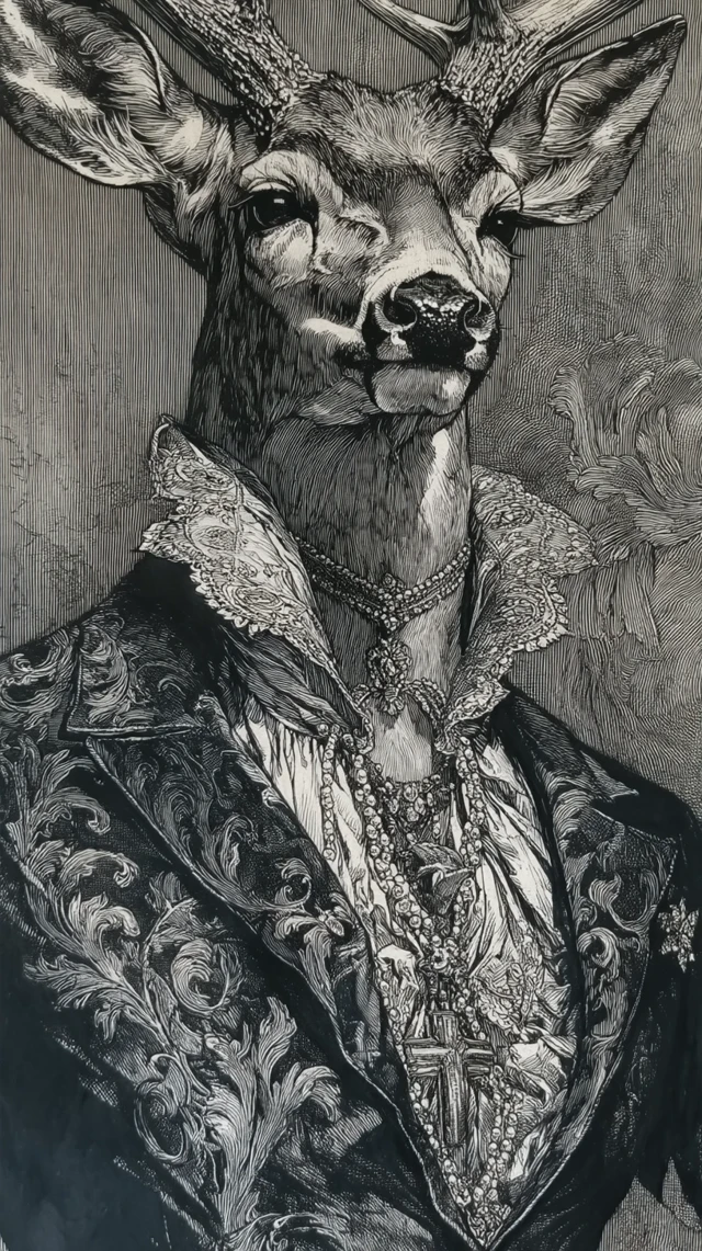 Regal Deer Portrait Victorian Era Engraving Style