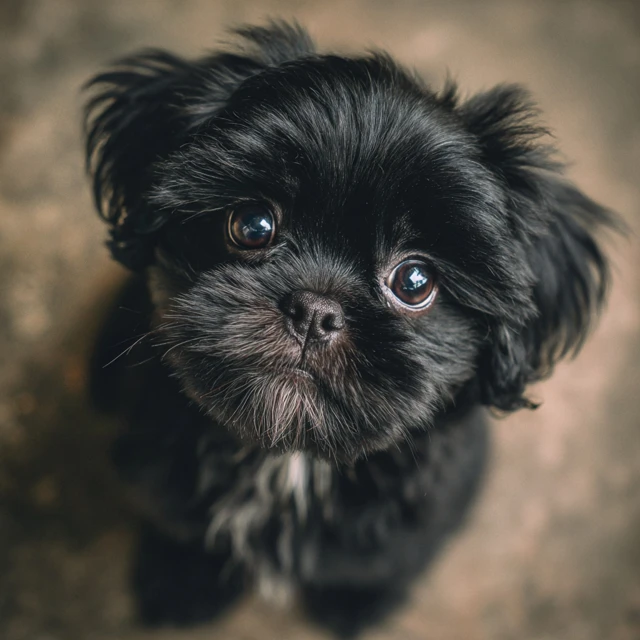 Sad Black Shih Tzu Puppy Looking at Camera
