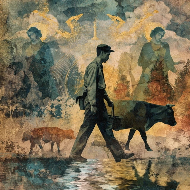 Man and Cow Forest Watercolor Painting