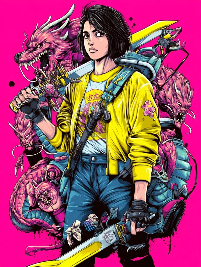 Cyberpunk Samurai Girl with Dragon Art